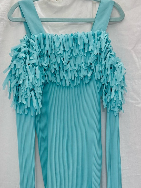 Pari*Line Tops - Aqua Fringe-Trim Long-Sleeve Ribbed Women's Top